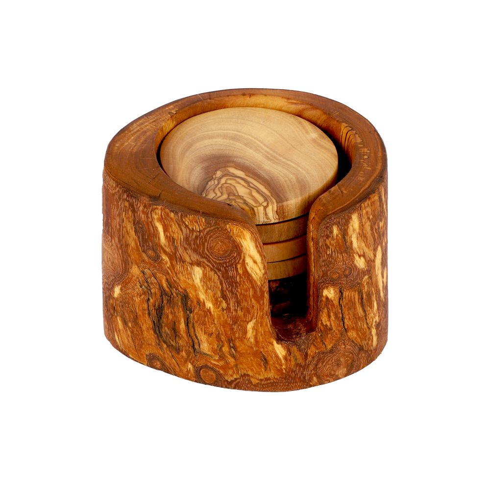A handcrafted olive wood rustic coaster with a distinct grain, designed to protect surfaces from drinks.