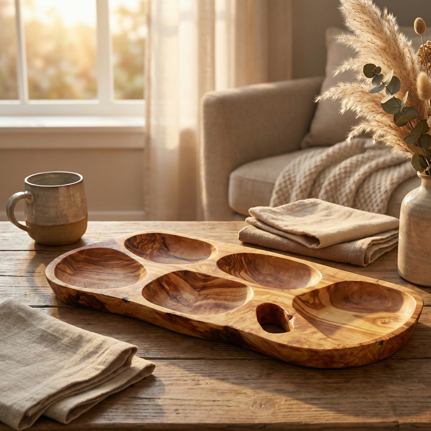 Wooden tray on a table with a mug, folded napkins, and a vase with dried plants in a cozy living room.
