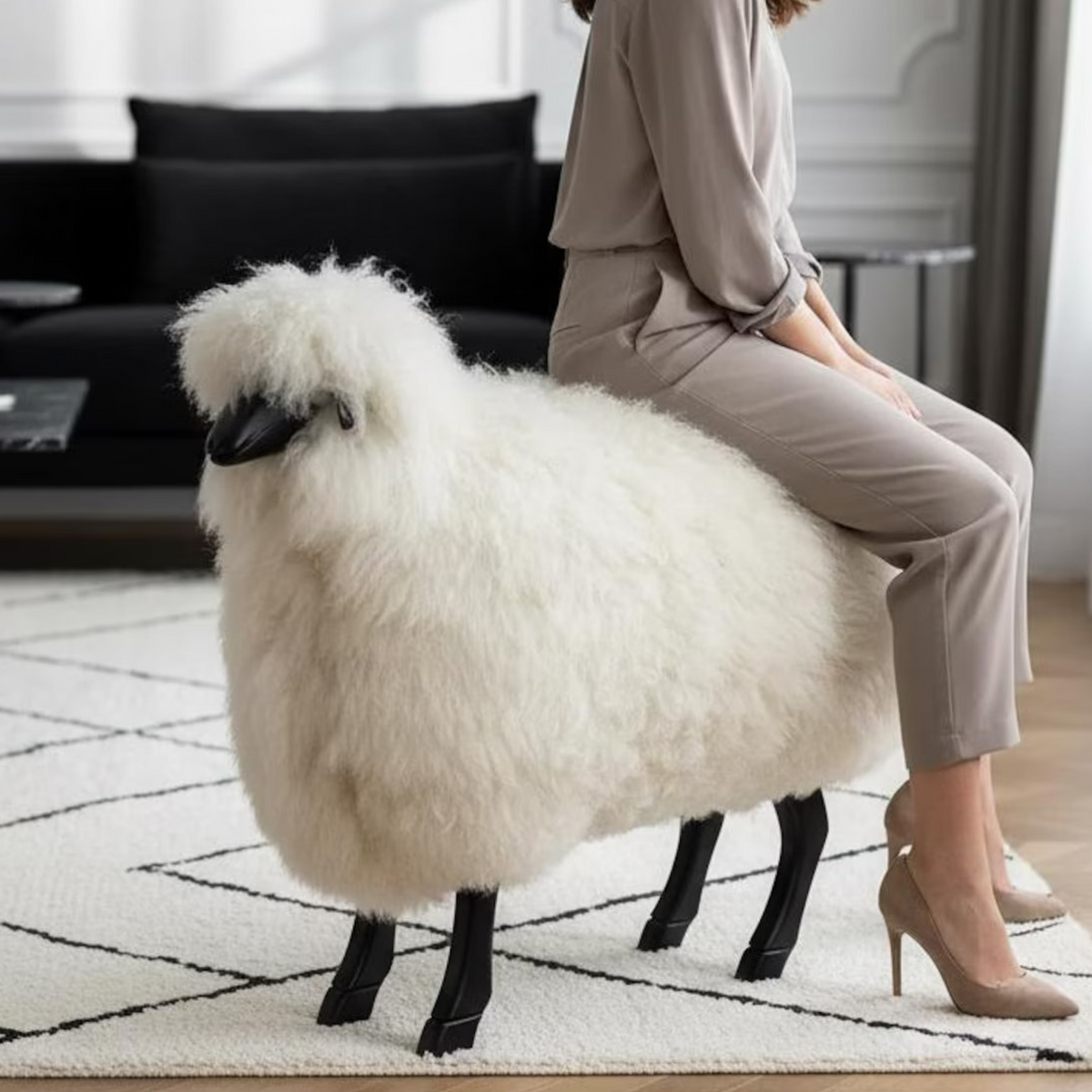 Person sitting on a fluffy white sheep-like chair in a modern living room.