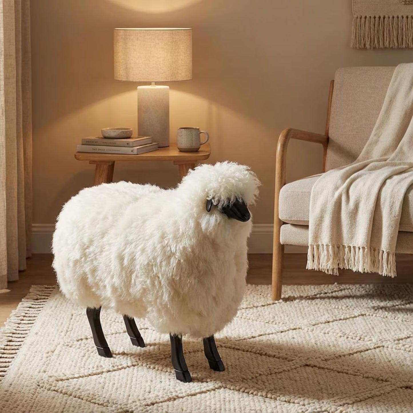 Sheep-shaped ottoman in a cozy living room setting with a lamp and chair.