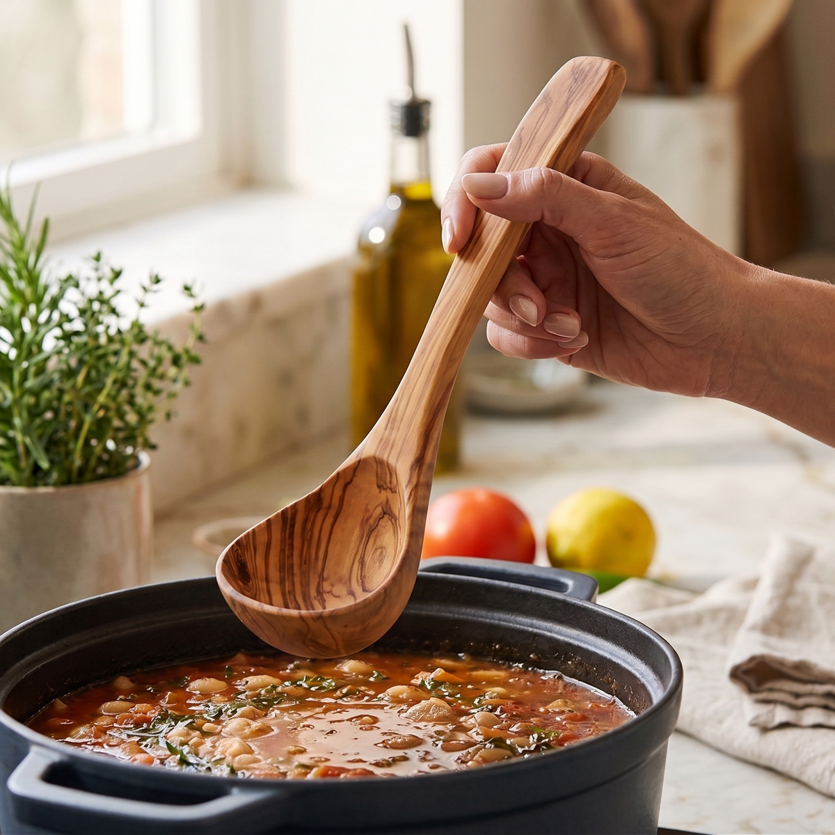 A person's hand holding a large olive wood ladle over a black pot of hearty soup in a bright, warm kitchen setting.