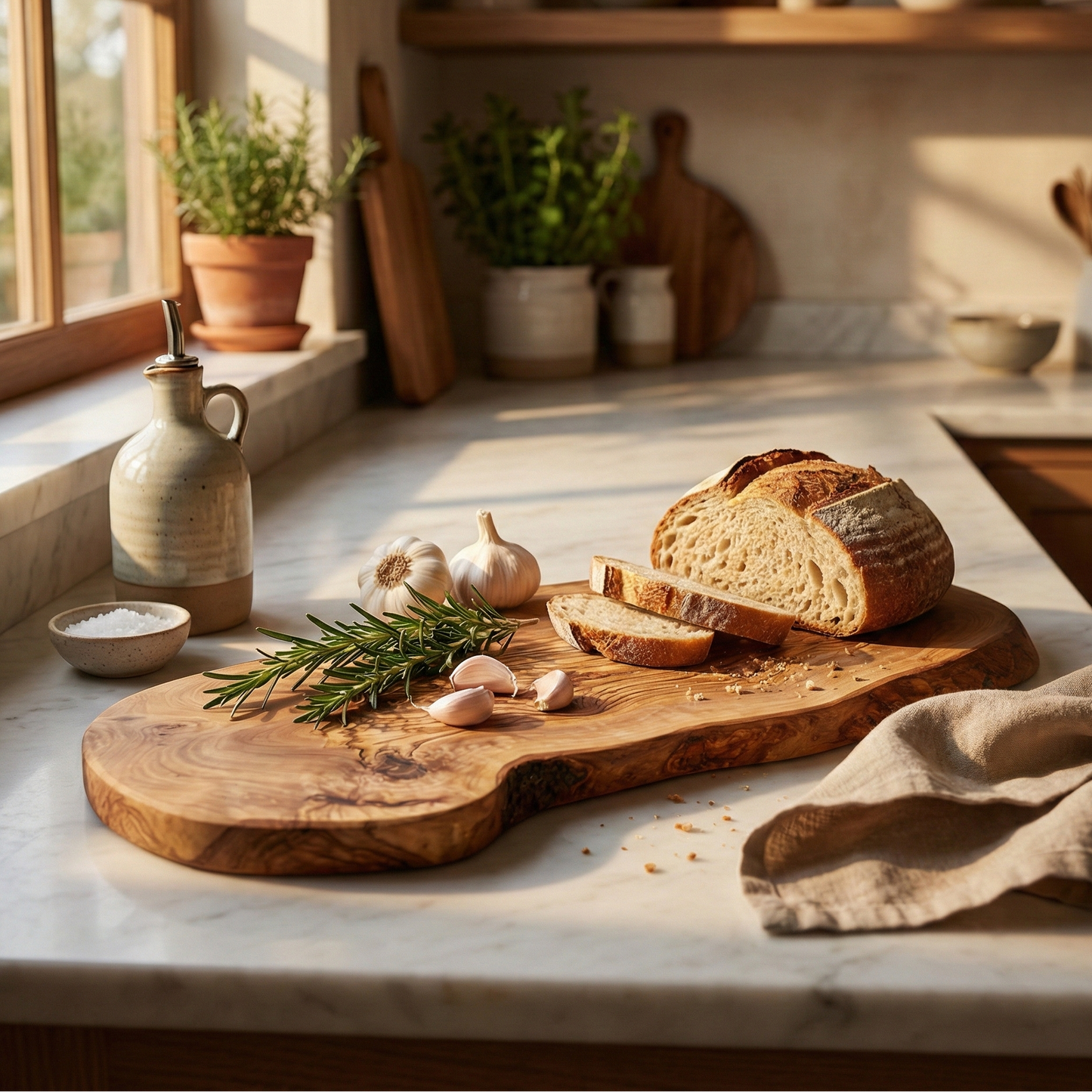 Loaf of bread on an olive wood cutting board with herbs and garlic in a kitchen setting.