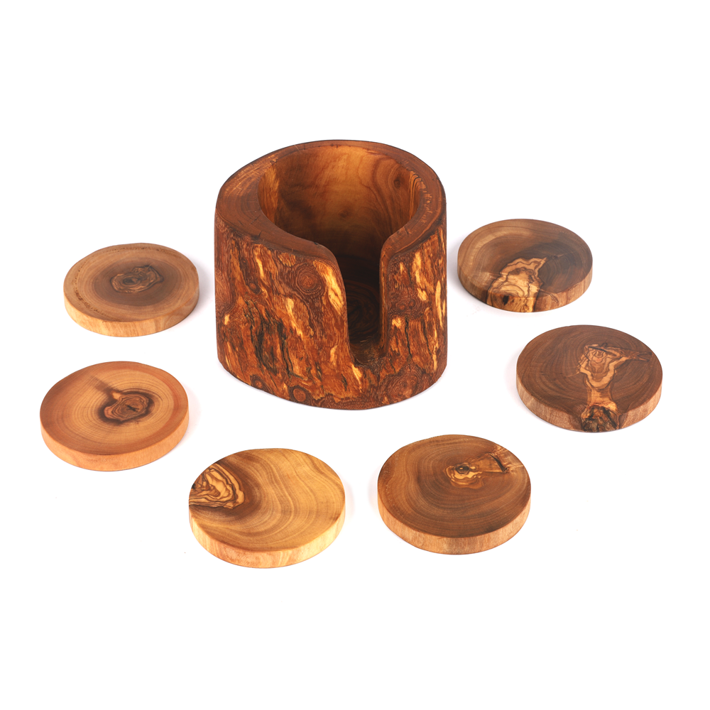 Handmade rustic olive wood coasters, set of 6, featuring unique natural wood grain and organic edges.