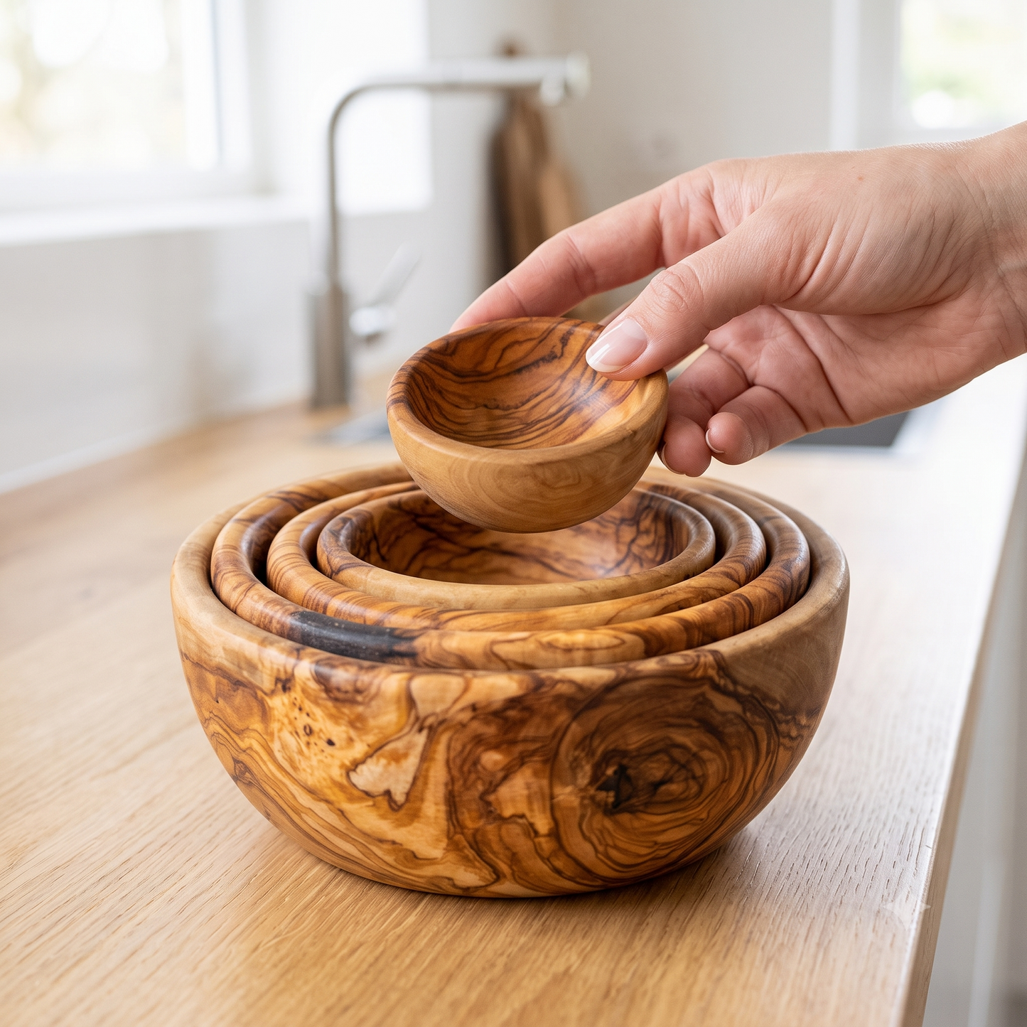 A hand holds a small olive wood bowl above a set of nested olive wood bowls with rich natural grain patterns, set on a countertop in a kitchen.