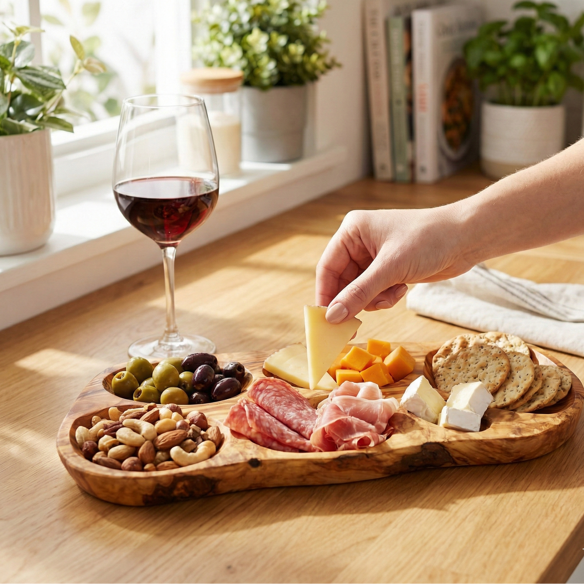 Person picking up a piece of cheese from a rustic olive wood snack serving tray designed for serving nuts, appetizers, desserts, and small bites.