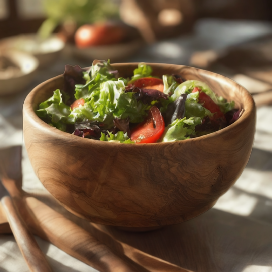 Wooden bowl filled with a fresh salad on a wooden table.