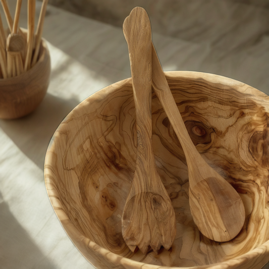Olive Wood Salad Bowl + (Fork & Spoon)