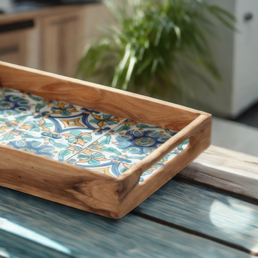 Ceramic Olive Wood Tray (Mixed Tiles)
