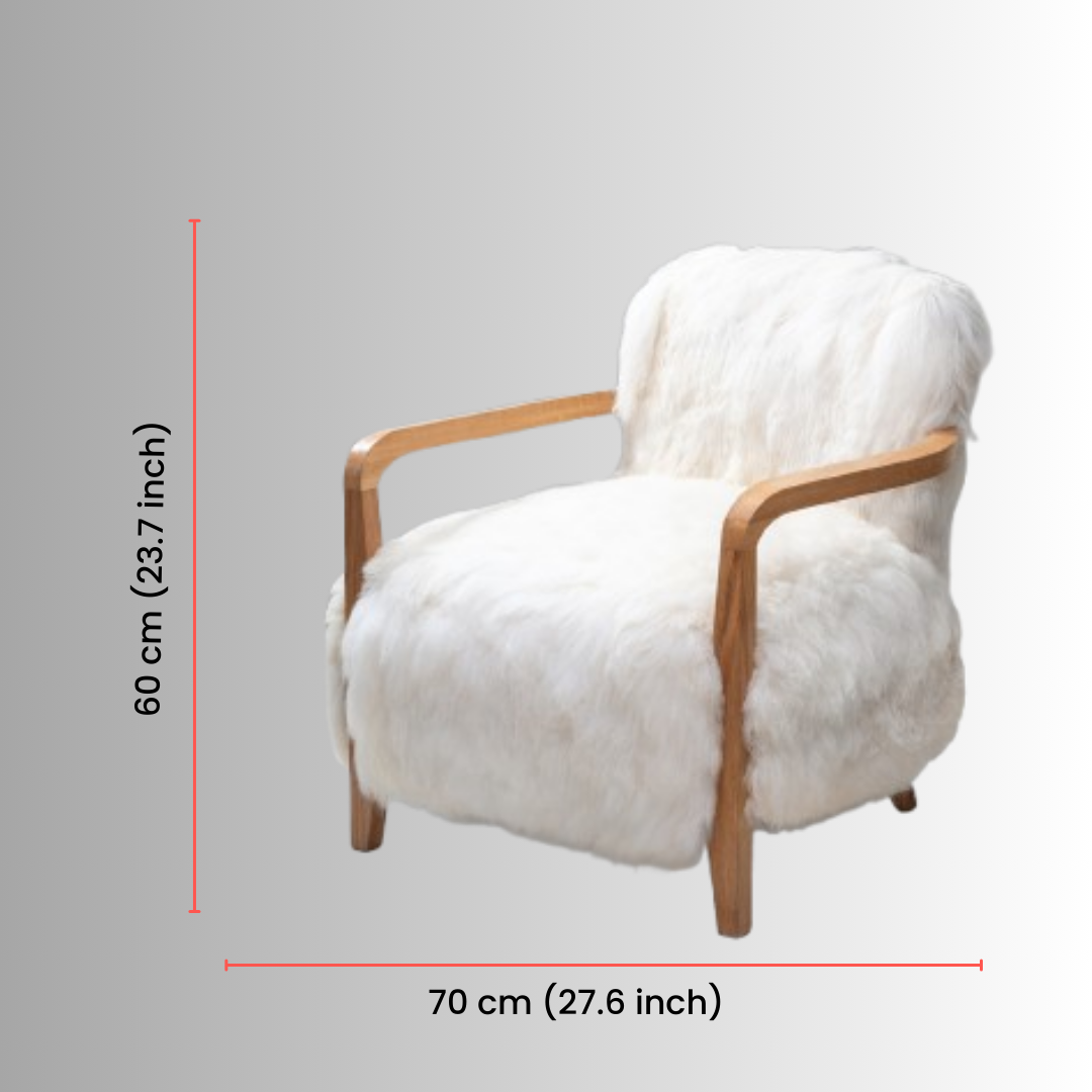White armchair with wooden arms and legs, shown with dimensions on a light gray background