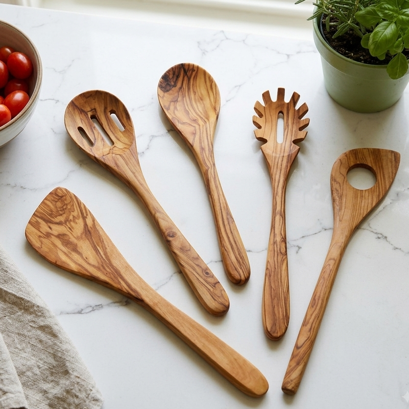 Handmade olive wood kitchen utensils set of 5 on a kitchen counter