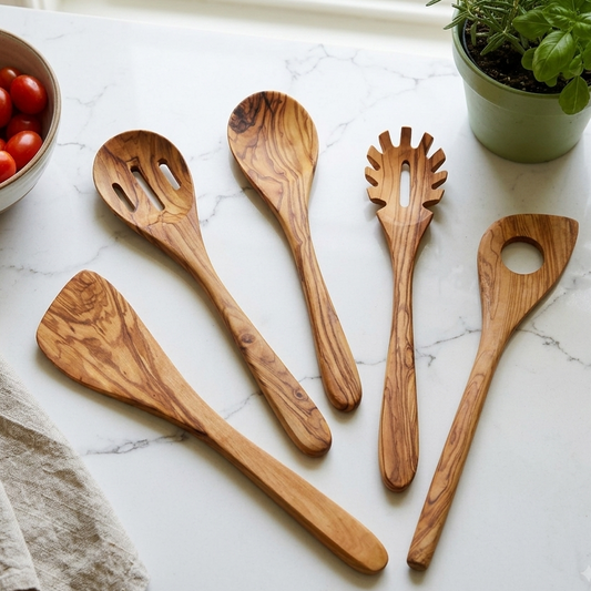 Handmade olive wood kitchen utensils set of 5 on a kitchen counter