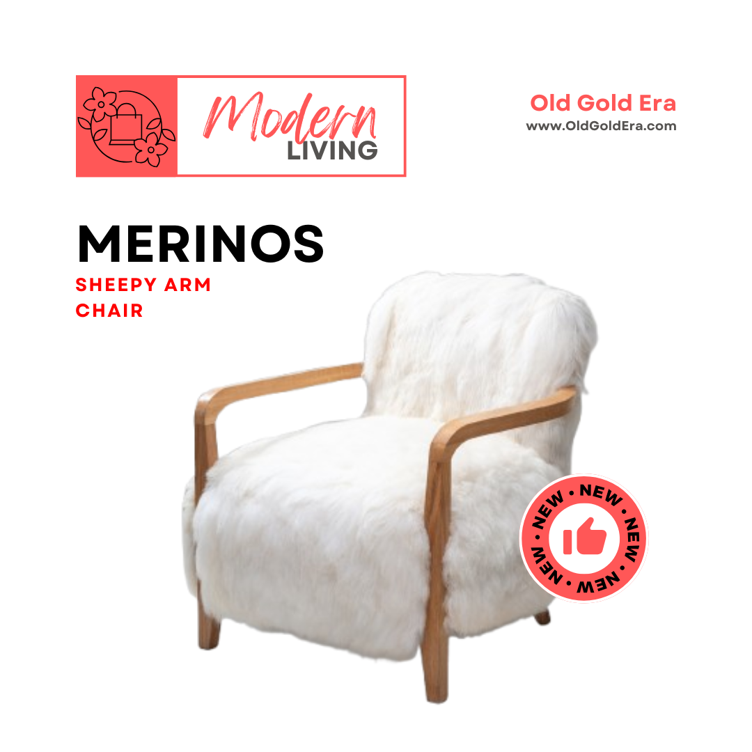 White armchair with wooden arms on a white background, featuring 'Modern Living' branding.