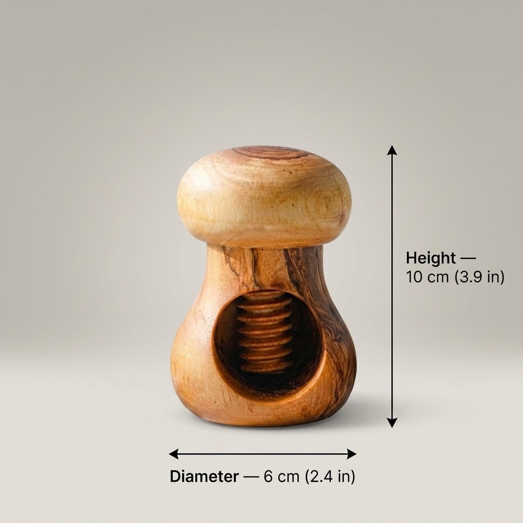 An olive wood nut cracker, warm natural olive wood grain, and a hollow center, shown on a light gray background with measurement arrows and text indicating height 10 cm and diameter 6 cm.
