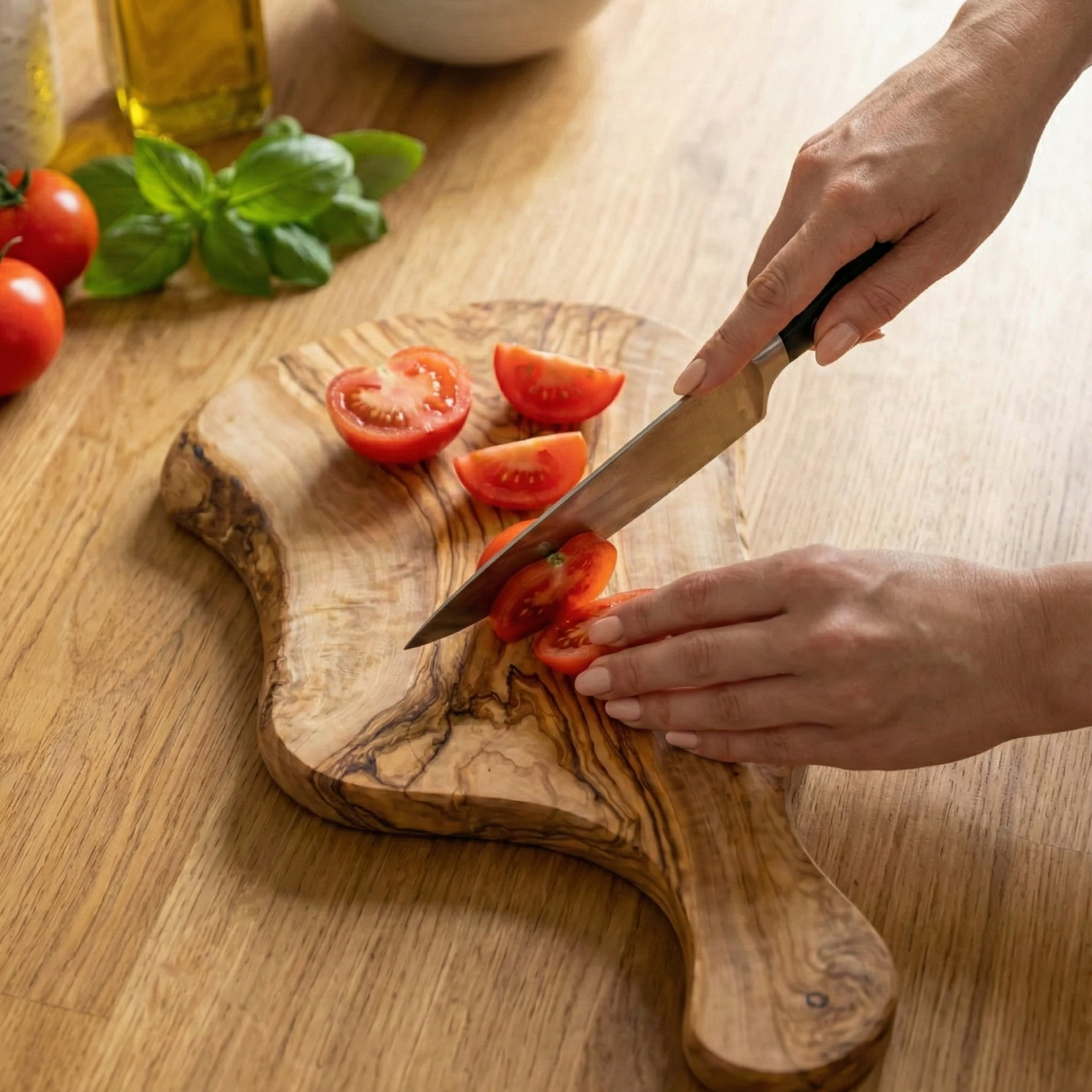 Person cutting tomatoes on an olive wood cutting board with a knife, surrounded by fresh basil and olive oil.