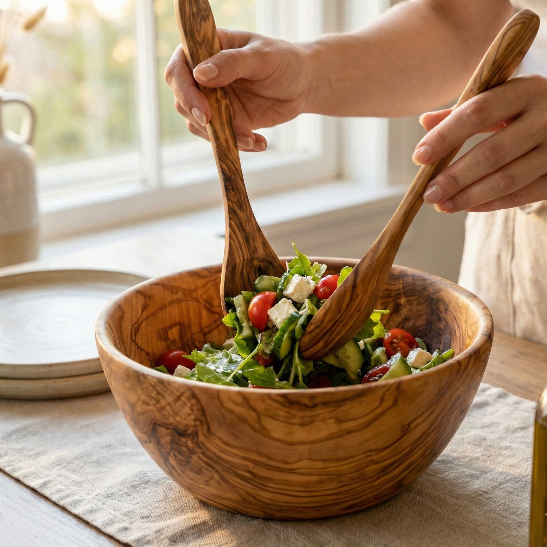 Person tossing a salad in a wooden bowl with wooden utensils, set against a bright kitchen backdrop.