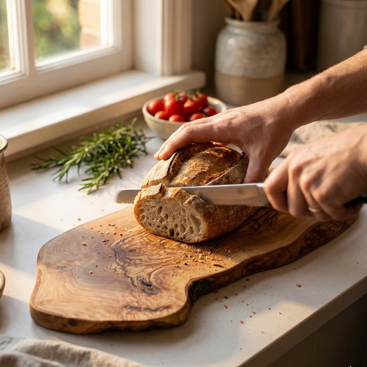 Person slicing bread on a wooden cutting board with a window and tomatoes in the background