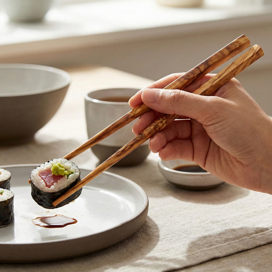 Hand using chopsticks to pick up sushi from a plate on a dining table.