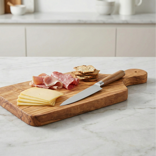 Wooden cutting board with sliced cheese, cured meats, and crackers on a marble countertop.