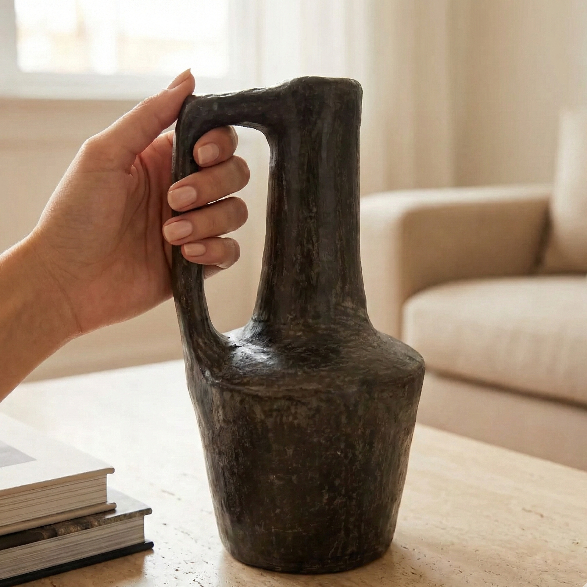 Person holding a rustic vase on a table with a blurred background