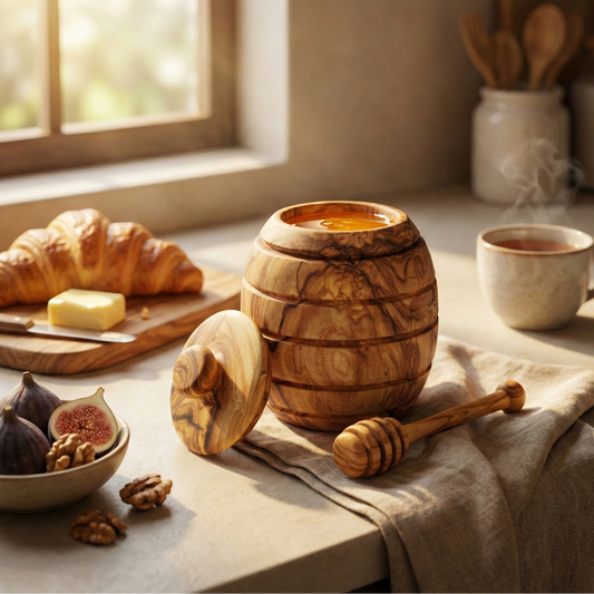 Wooden mug with steaming coffee on a table with croissants, figs, and honey dipper.
