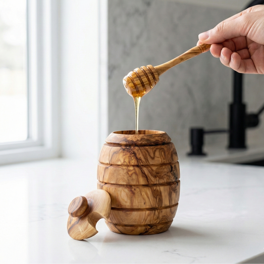 Wooden honey container with a wooden honey dipper on a kitchen counter.