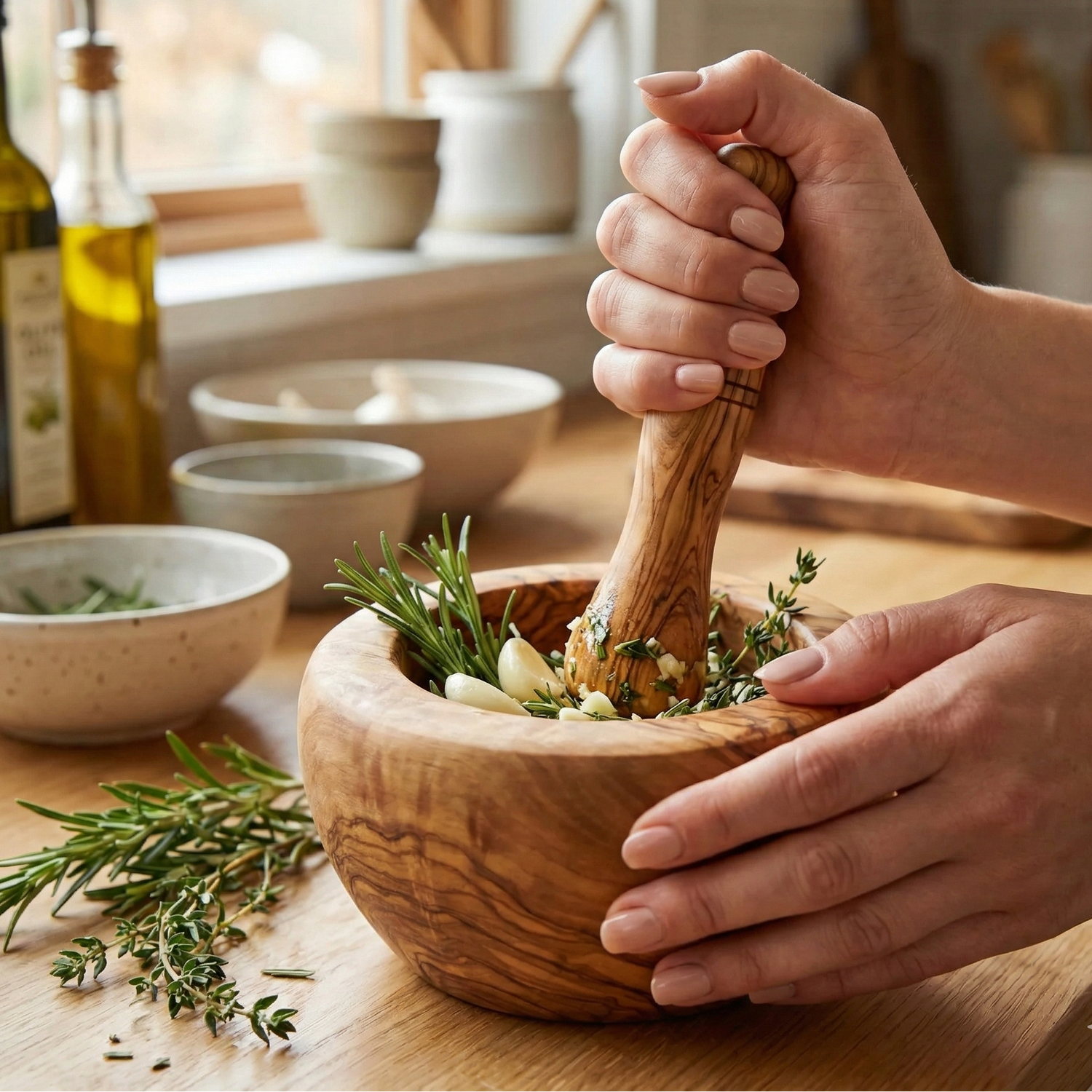 Person using a wooden mortar and pestle with herbs on a kitchen counter.
