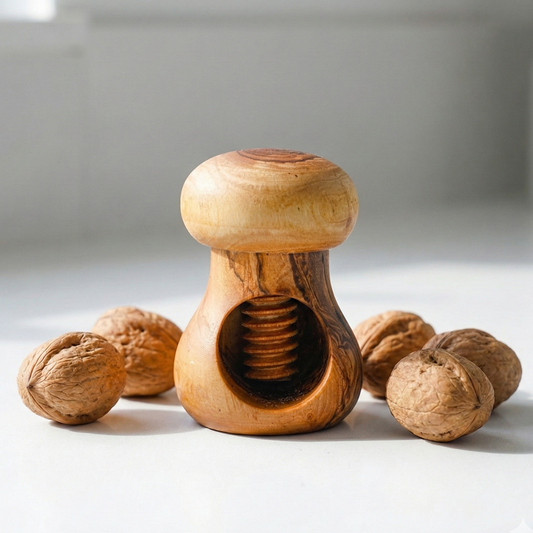 Wooden nutcracker with walnuts on a light surface