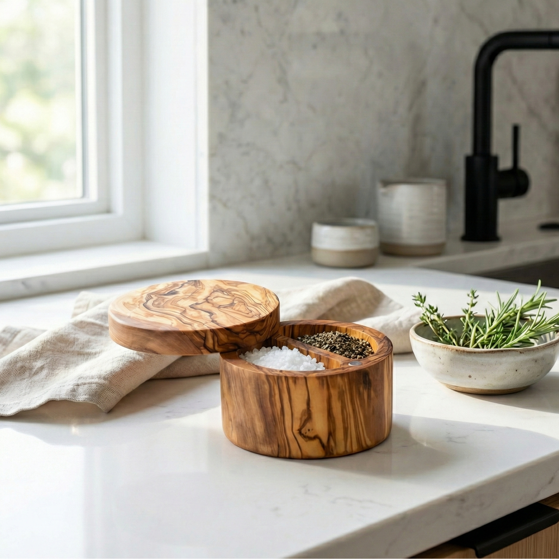 Wooden bowls with salt and pepper on a kitchen counter with a window in the background