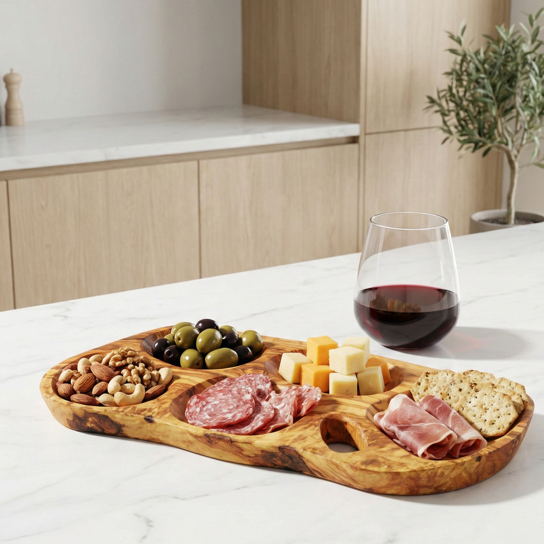 Wooden charcuterie board with meats, cheeses, and olives on a marble countertop with a glass of red wine.