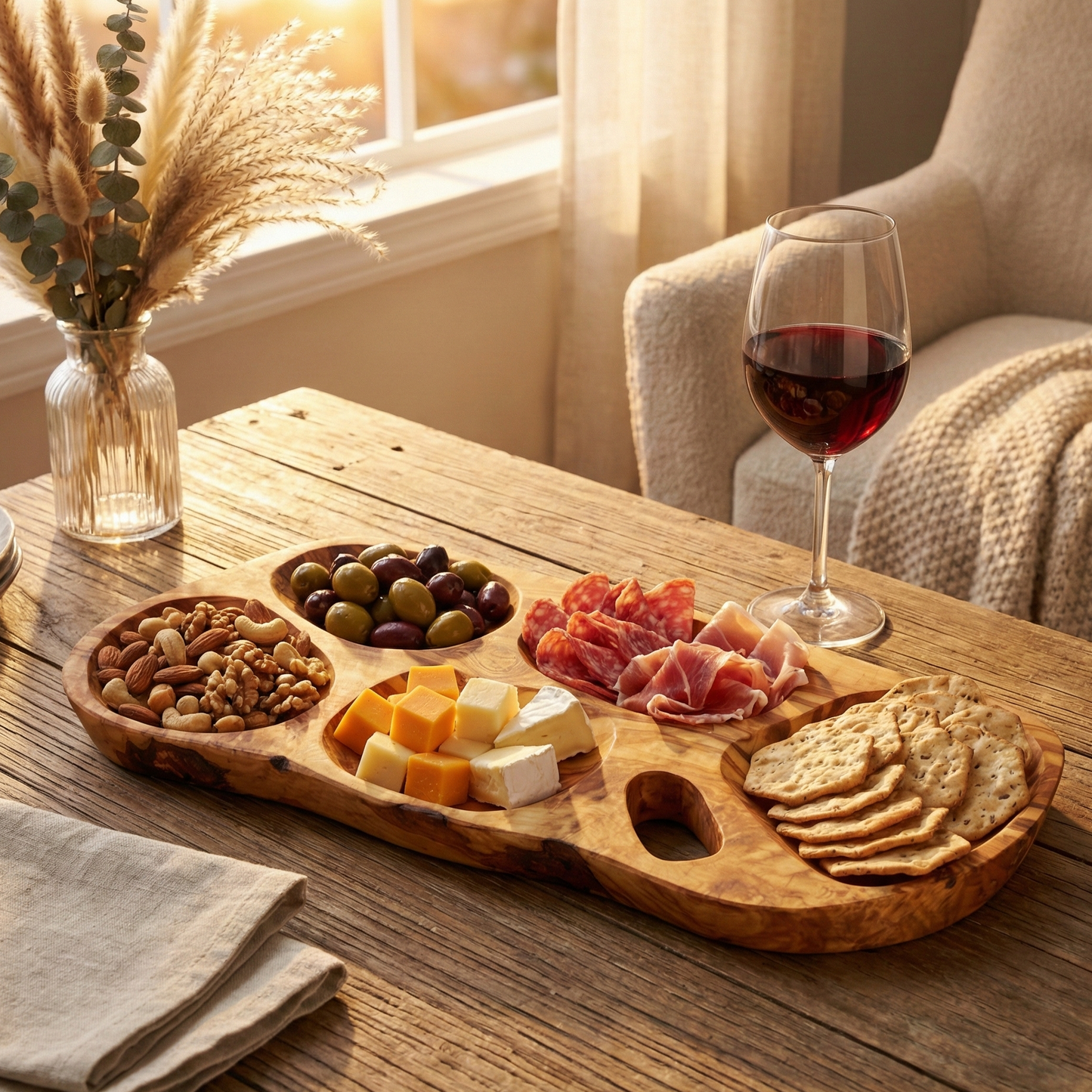 Wooden charcuterie board with meats, cheeses, and nuts on a wooden table with a glass of red wine.