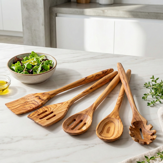 Set of wooden kitchen utensils on a marble countertop with a bowl of salad and olive oil.