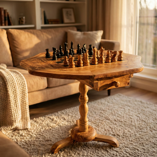 Wooden chess table with chess pieces in a cozy living room setting.
