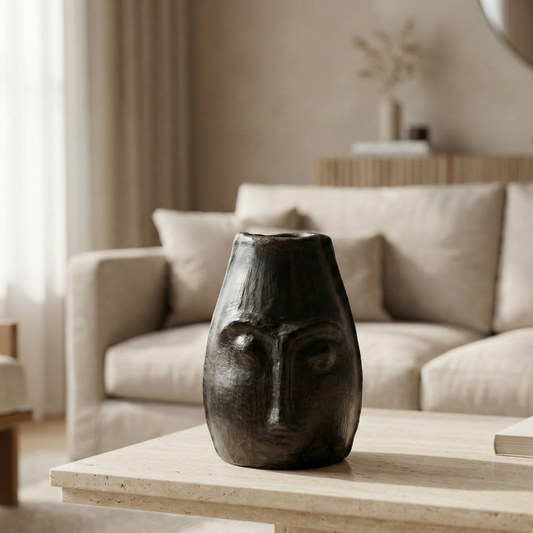 Decorative vase with face design on a coffee table in a living room setting