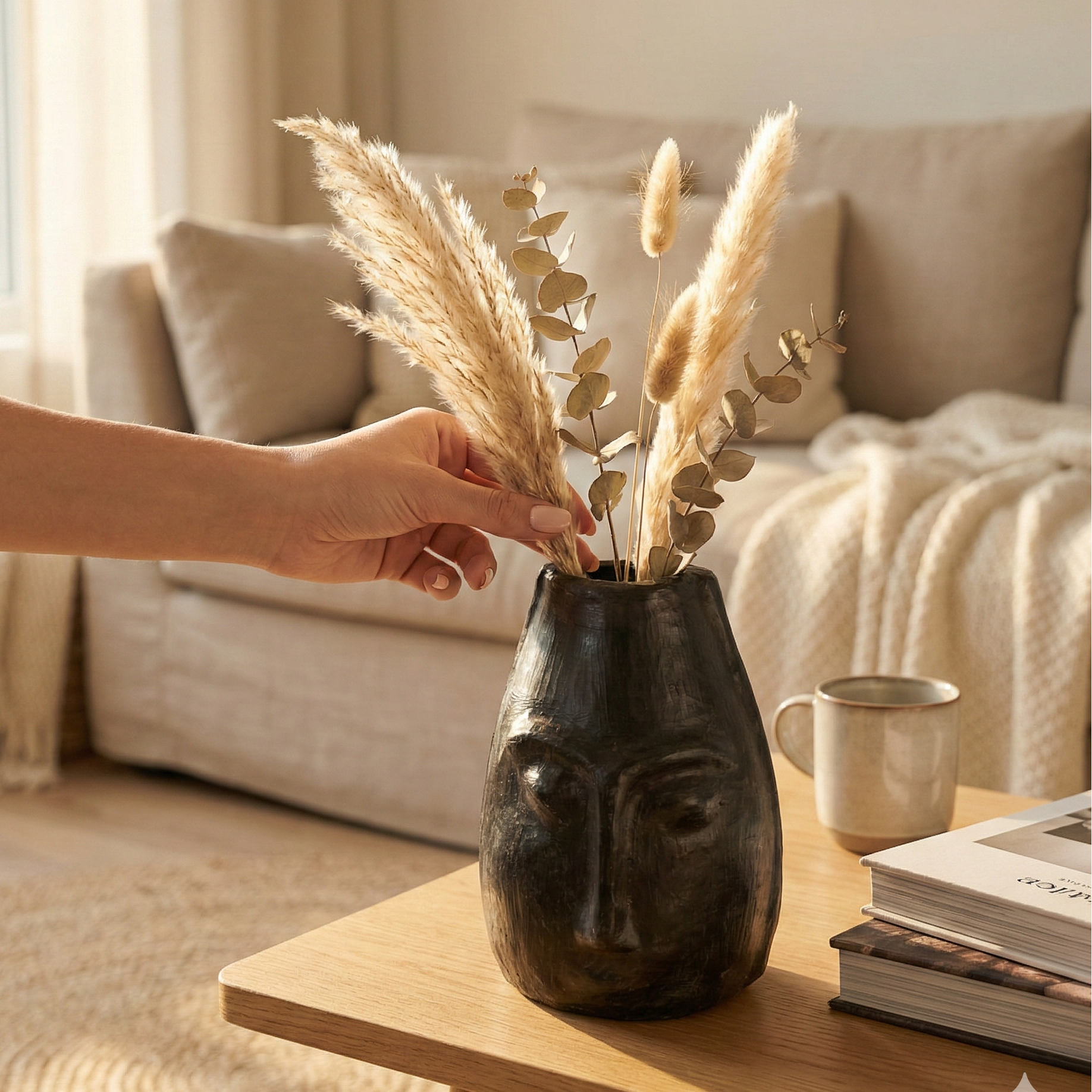 Person arranging dried plants in a decorative vase on a table in a cozy living room.