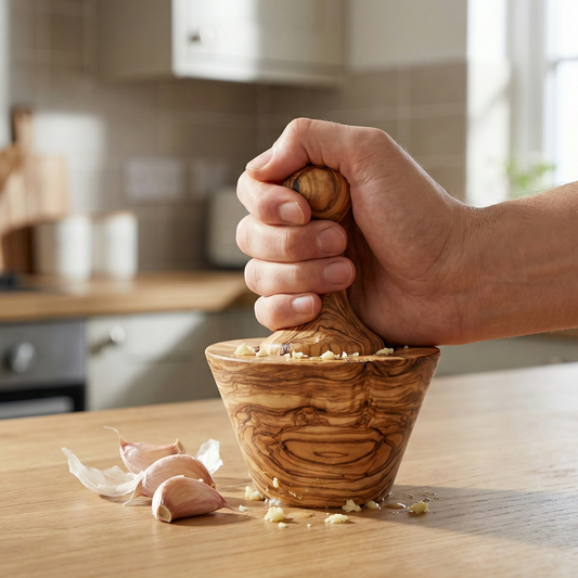 Hand using a wooden garlic crusher on a kitchen counter with garlic cloves.