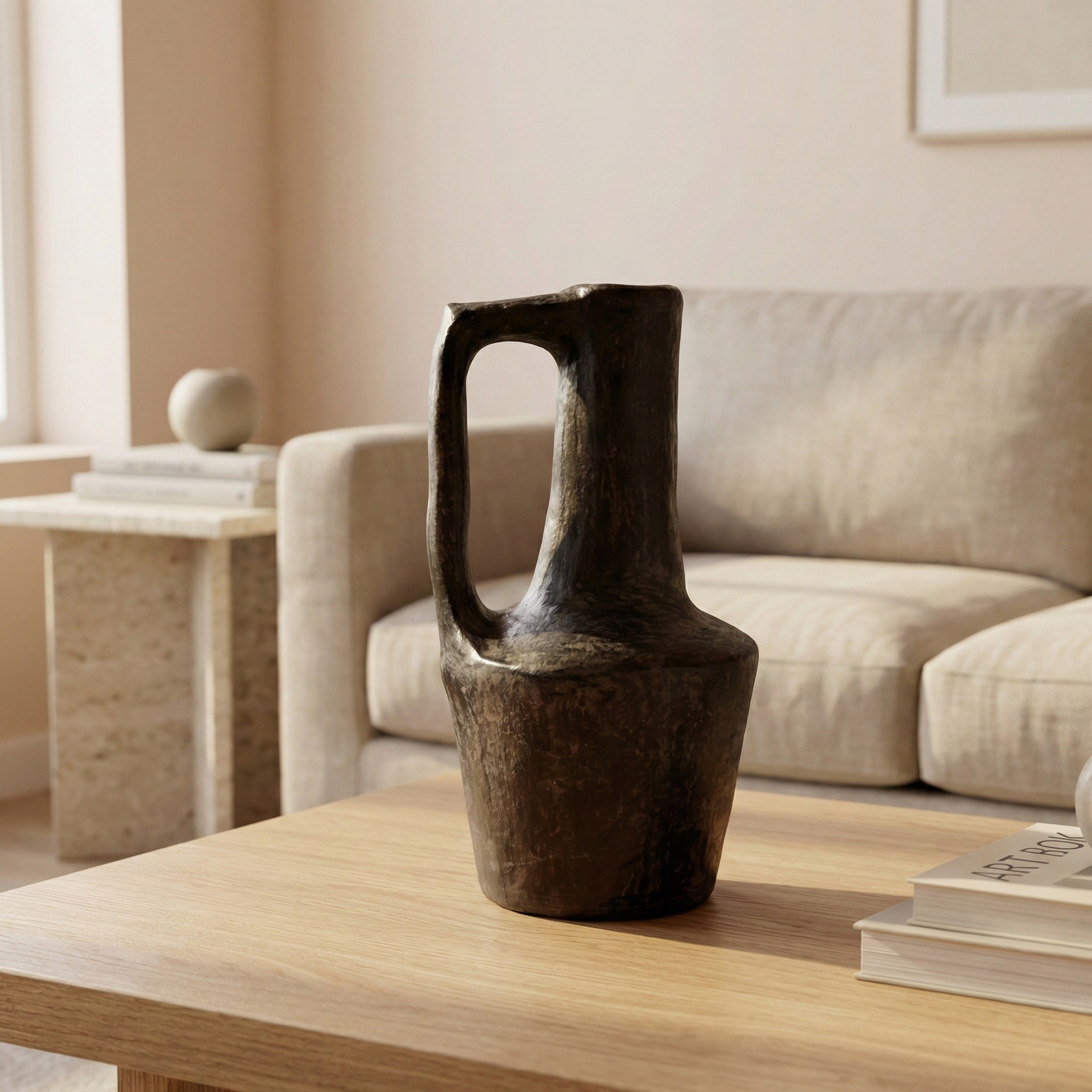 Brown ceramic vase on a wooden coffee table in a living room setting.