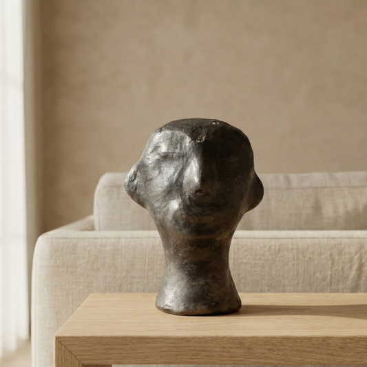 Bronze sculpture of a head on a wooden table with a beige sofa in the background