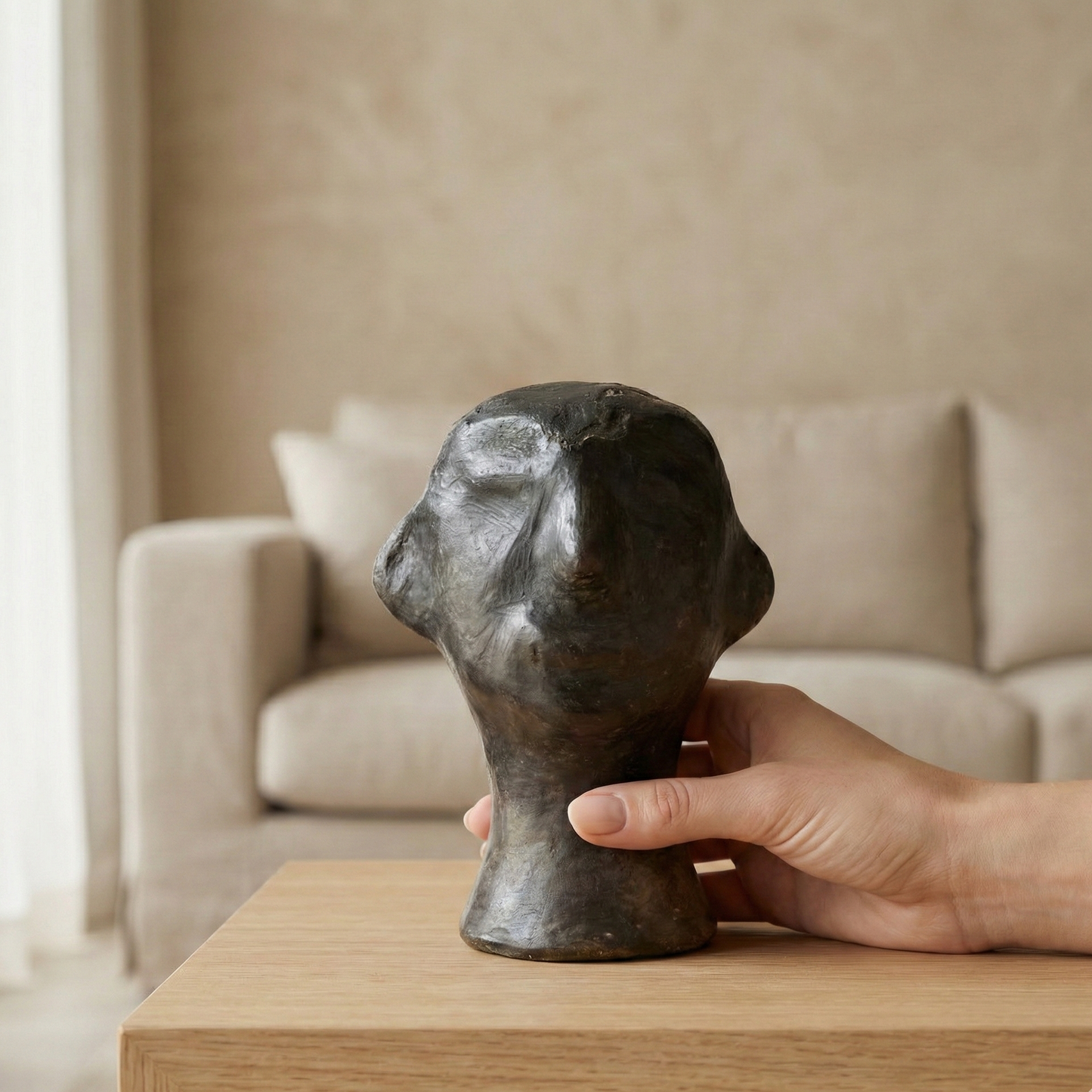 Hand holding a small bronze sculpture of a face on a wooden table with a beige sofa in the background