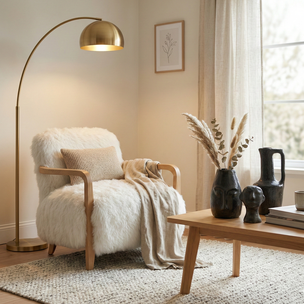 Cozy living room with a white armchair, wooden coffee table, and decorative items.