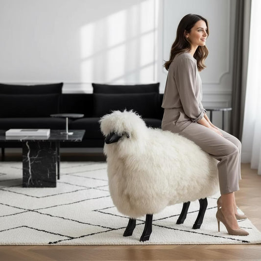 Woman sitting on a large white sheep in a modern living room.