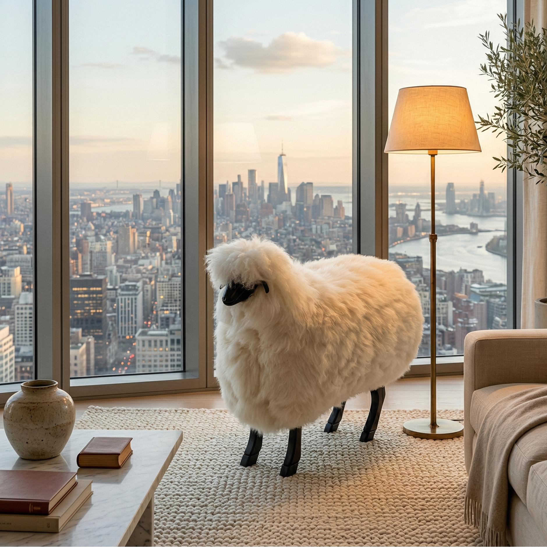 Sheep in a living room with large windows showing a cityscape.