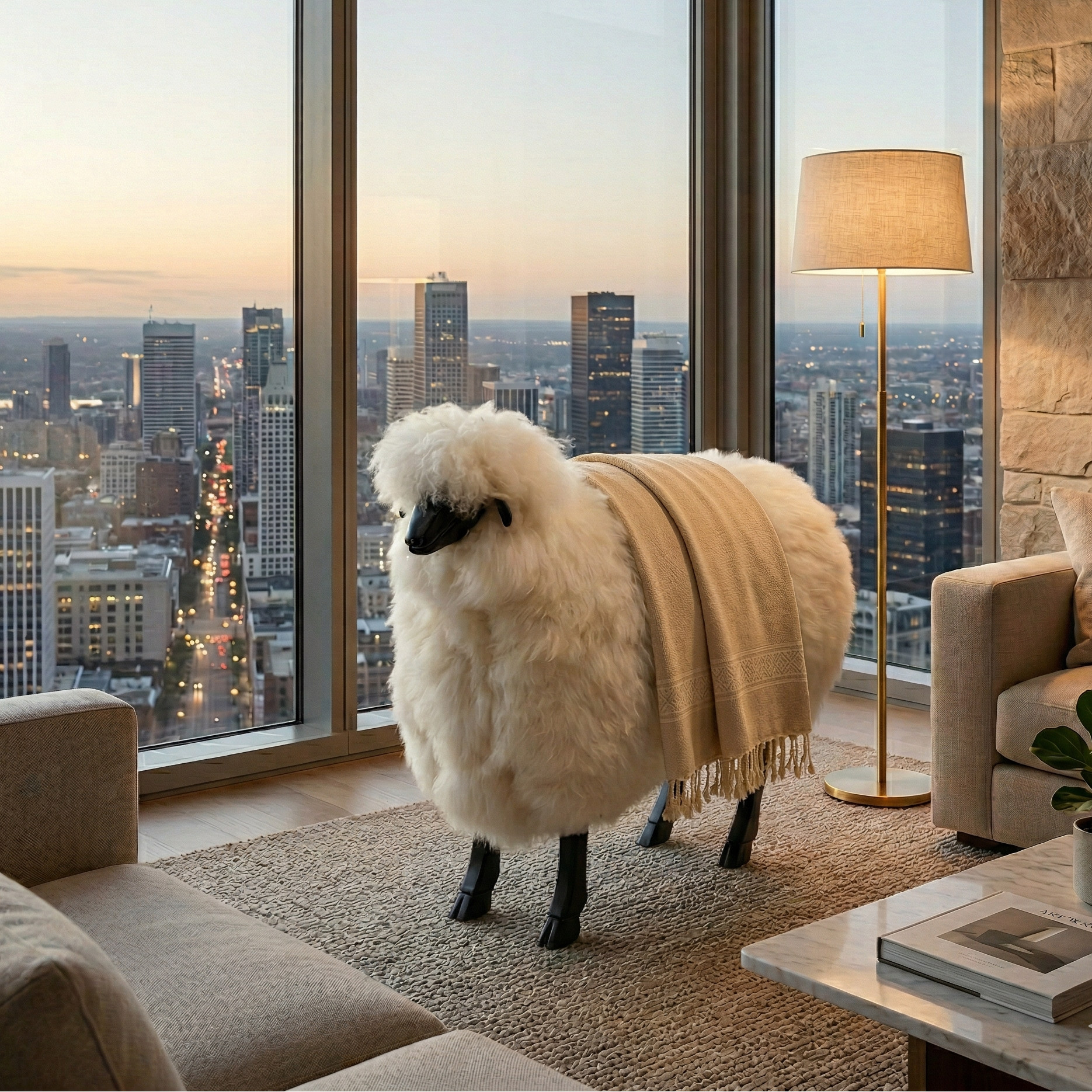 Sheep with a blanket in a modern living room with cityscape view