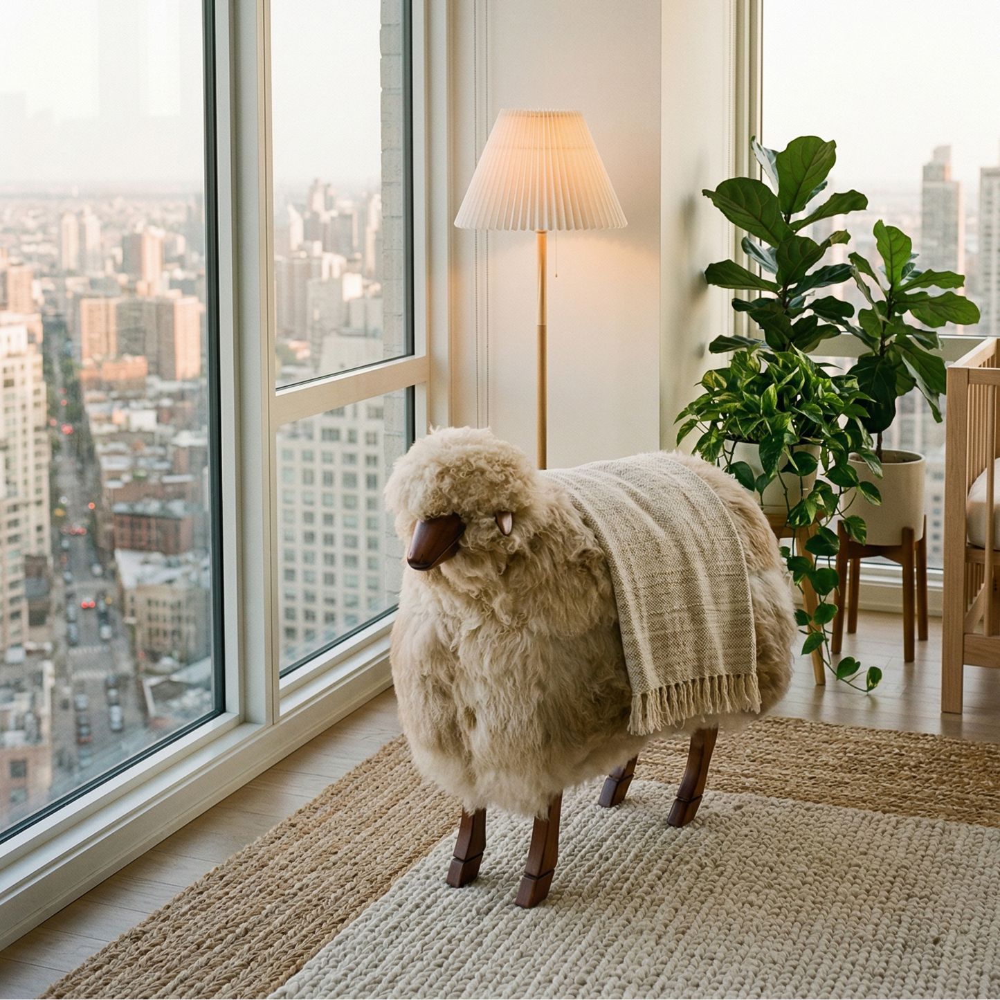 Sheep statue with a blanket in a room with large windows and cityscape view