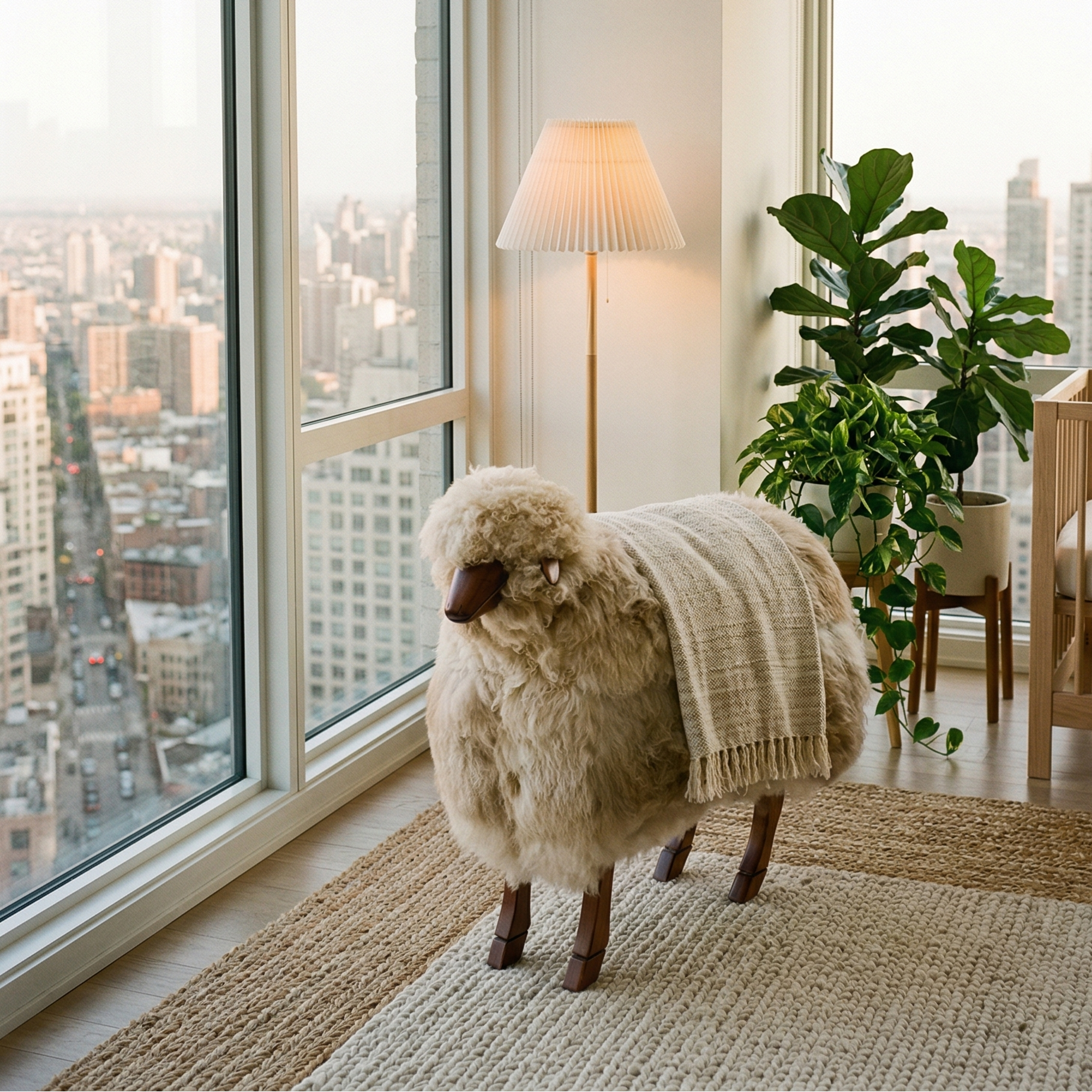 Sheep statue with a blanket in a room with large windows and cityscape view