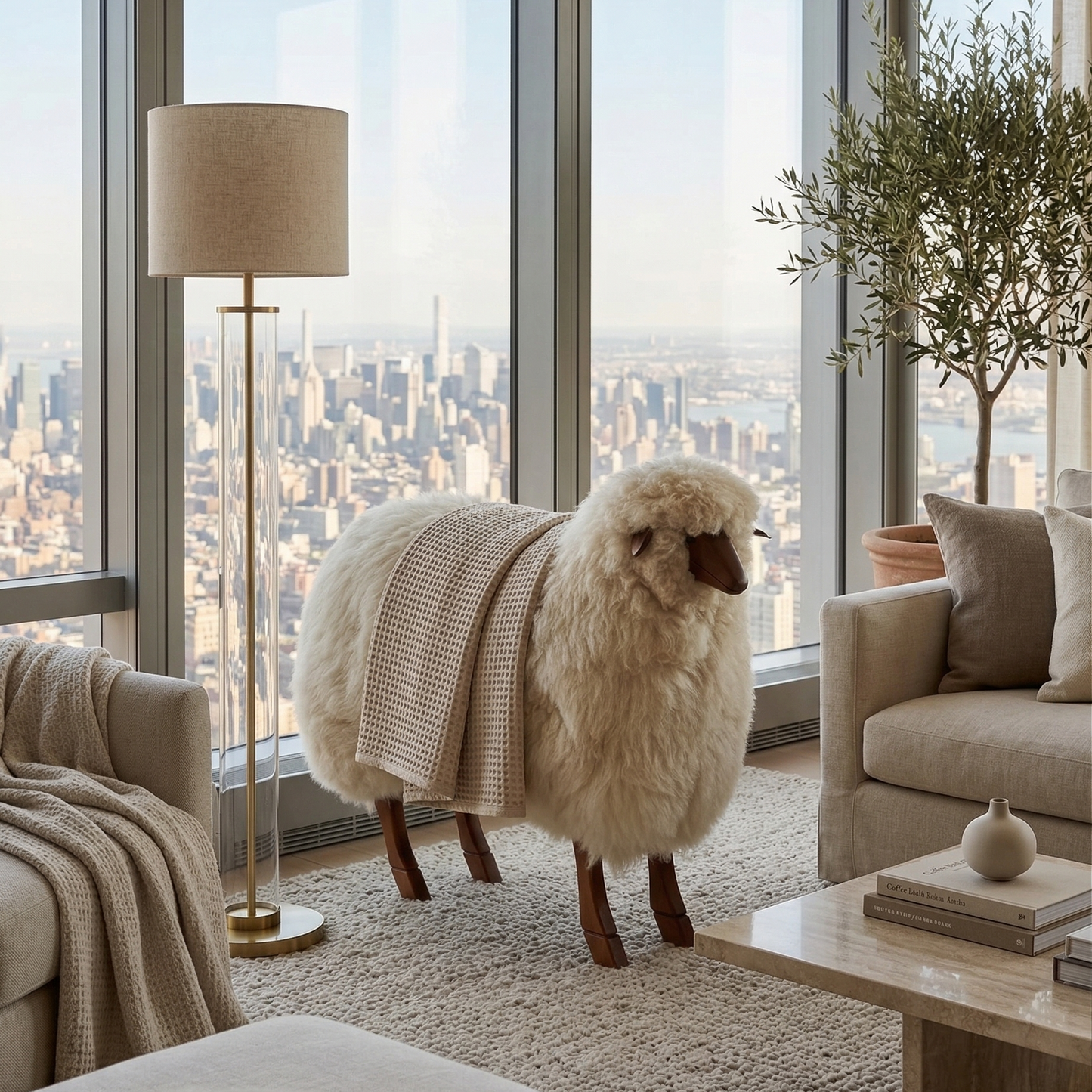 Sheep statue in a living room with large windows overlooking a cityscape