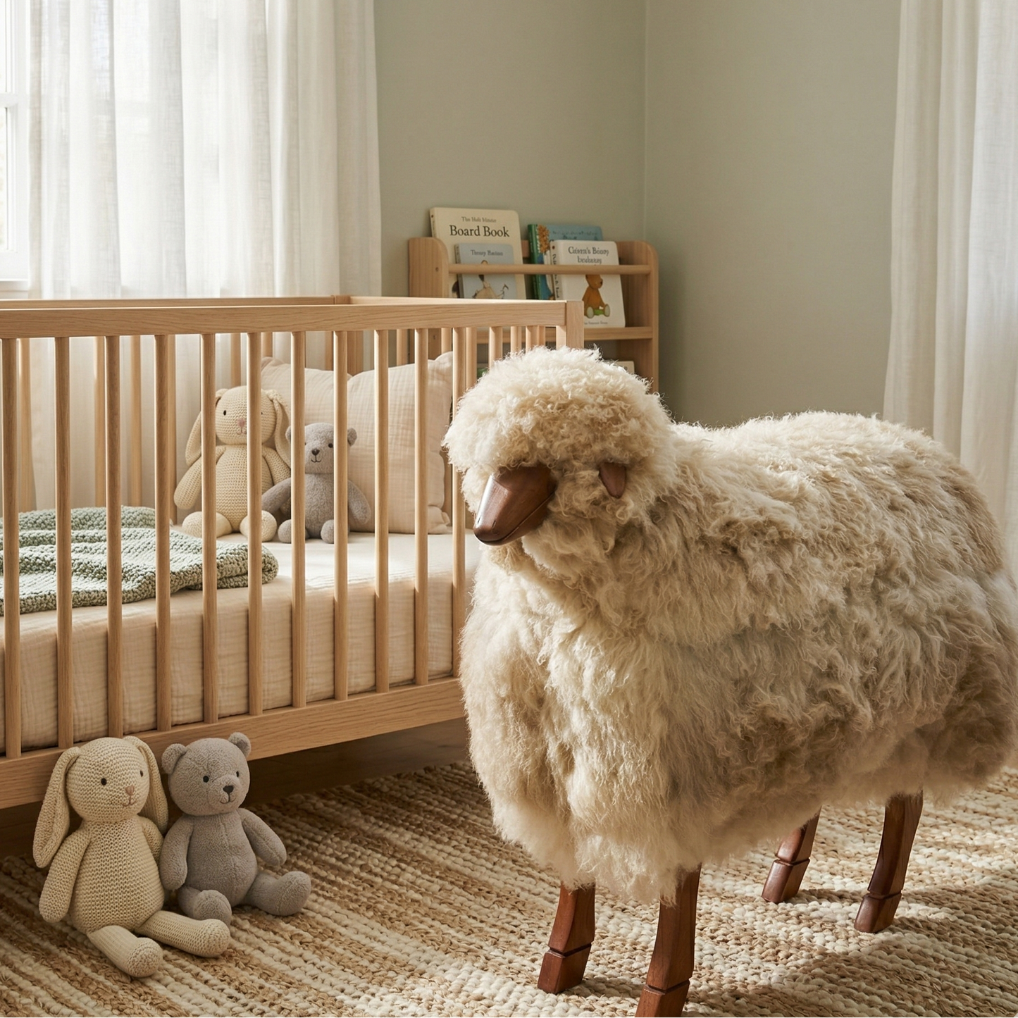 Sheep statue in a nursery with crib and toys