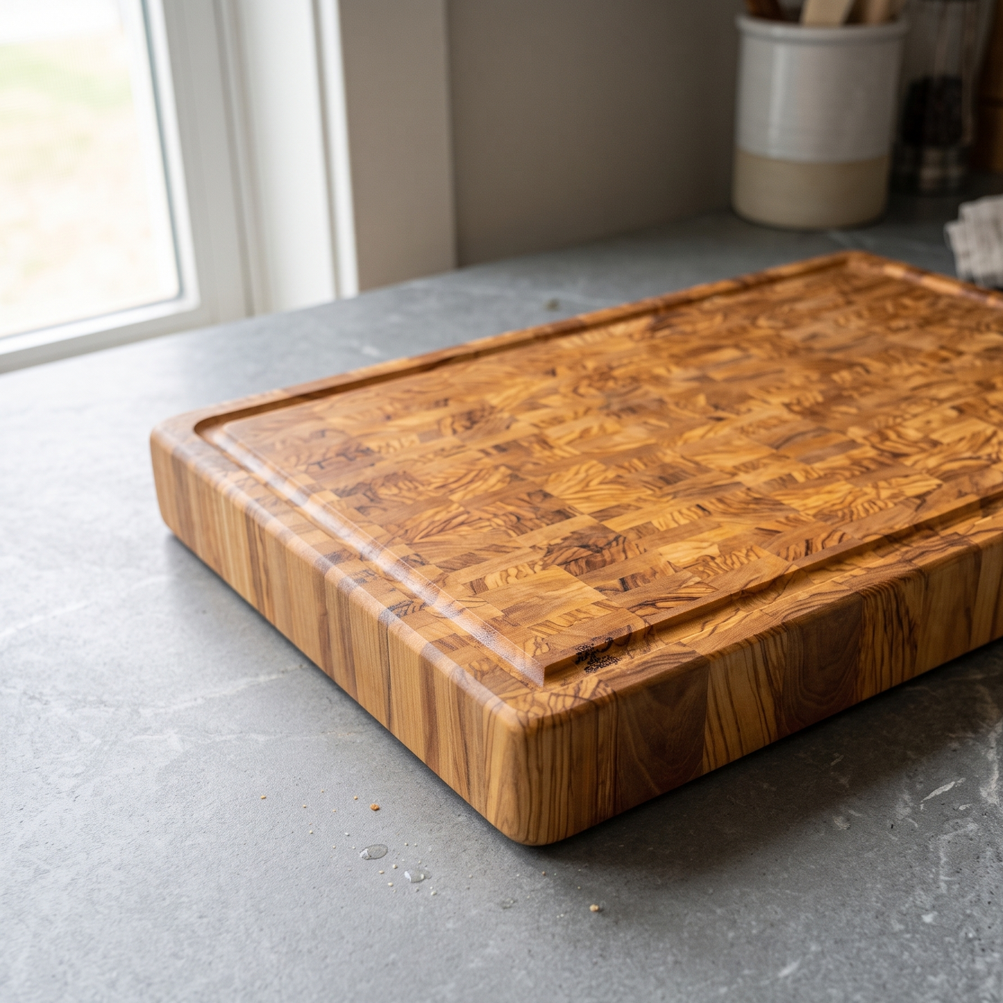 Natural olive wood end grain pattern showcasing the artisan craftsmanship of a handmade cutting board.