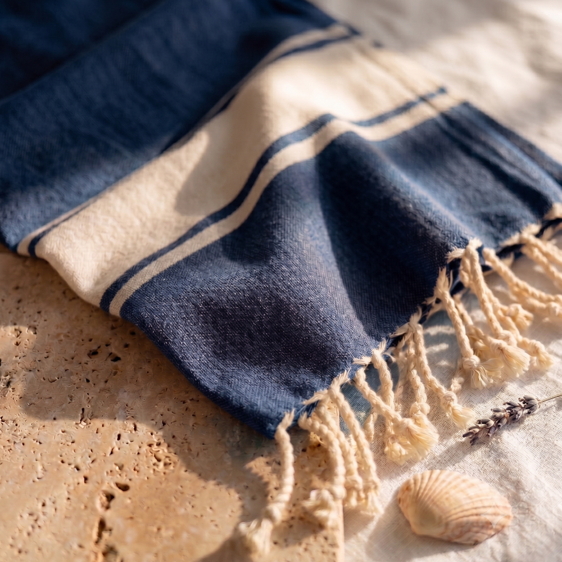 Close-up of blue fouta towel fabric showing the fine cotton weave, soft texture, woven pattern, and handcrafted fringed edges.