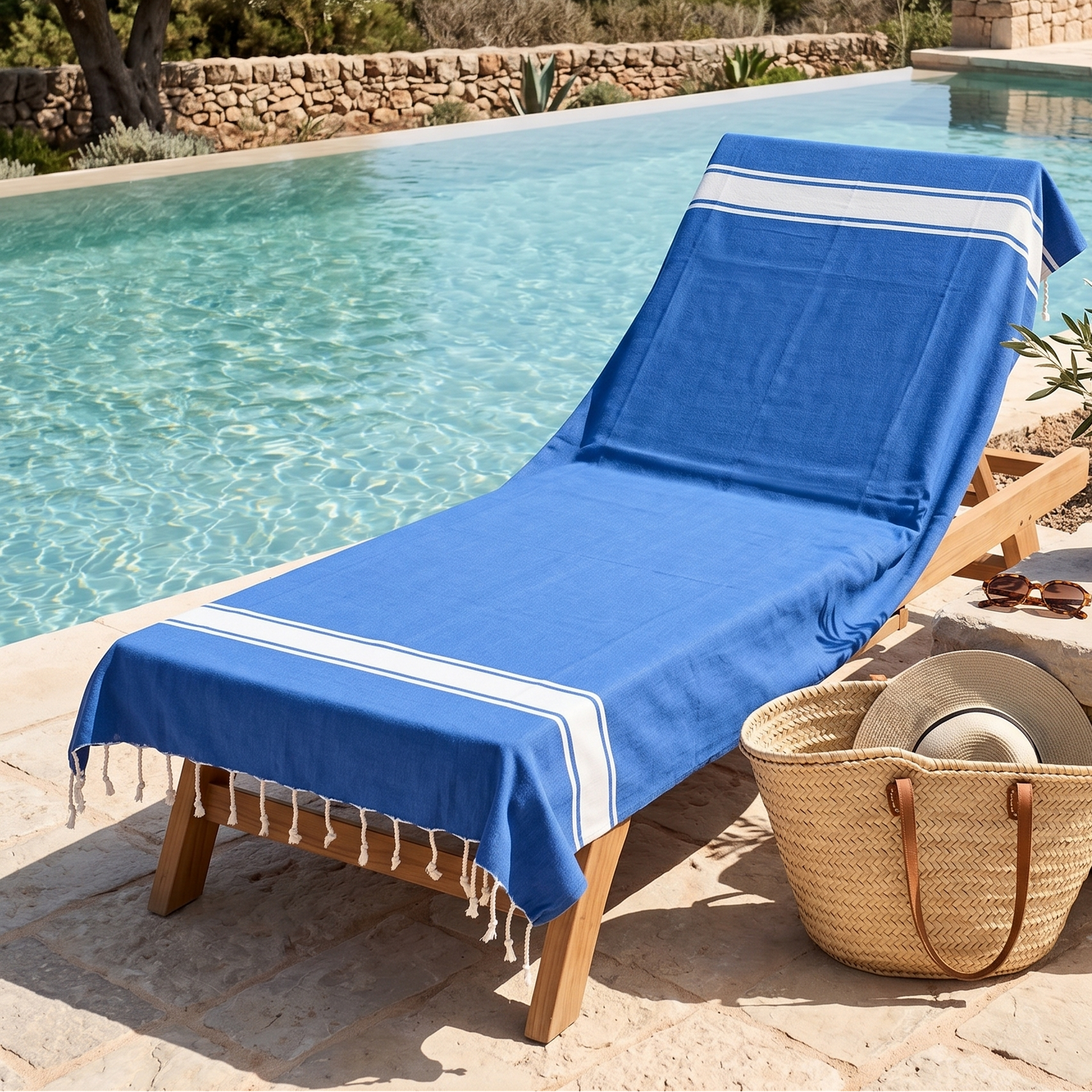 Blue fouta beach towel beside a sparkling swimming pool, highlighting its vibrant color, lightweight cotton texture, and relaxed luxury summer feel.