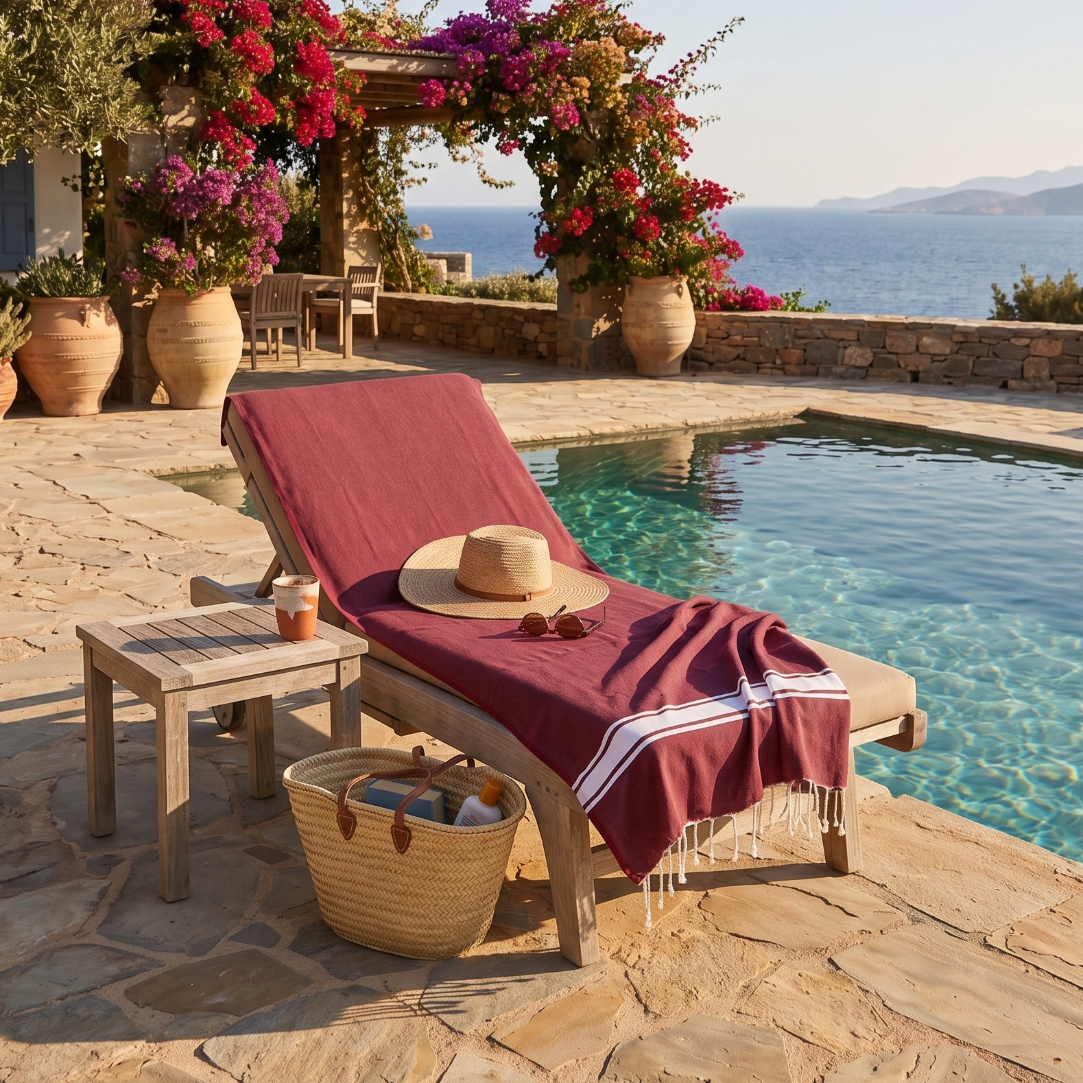 Burgundy fouta beach towel beside a sparkling swimming pool, highlighting its deep warm tone, lightweight cotton texture, and elegant summer resort feel.